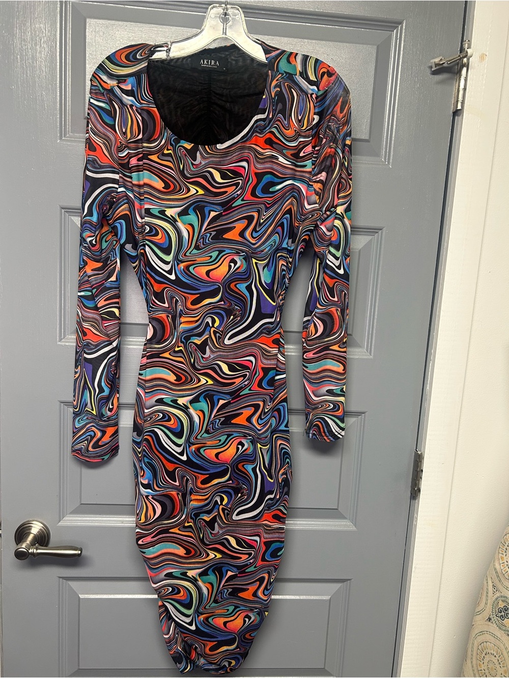 Akira abstract swirl colorful bodycon sheer mesh dress. Size 1X Rouched back